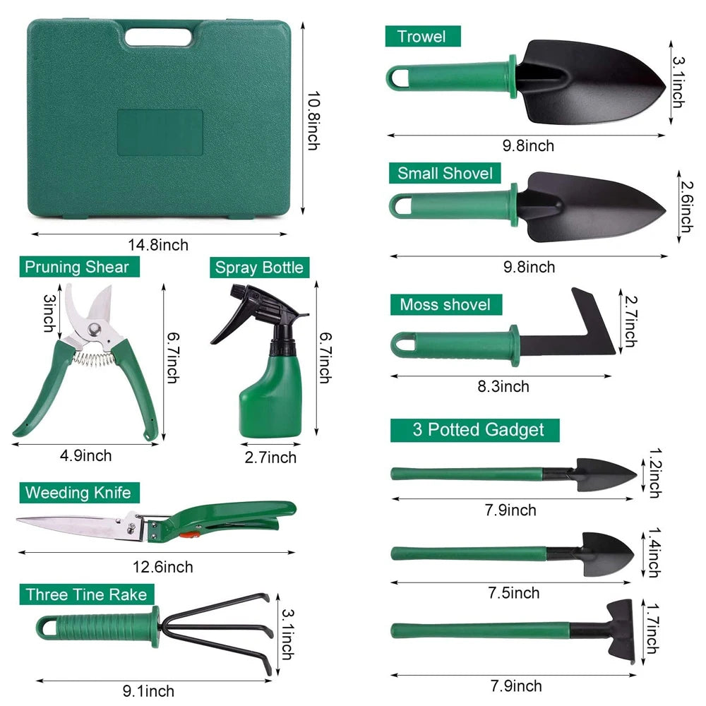 10pcs Stainless Steel Garden Tool Set Kit with Organizer Case Heavy Duty Gardening Work Set Including Pruner